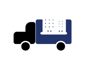 Icon for Office Movers, illustrated by a truck carrying an office building