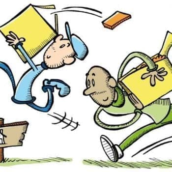 Cartoon of two movers carrying boxes toward a new home