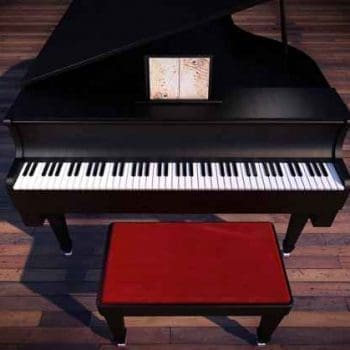 Piano and stool standing on wooden floor