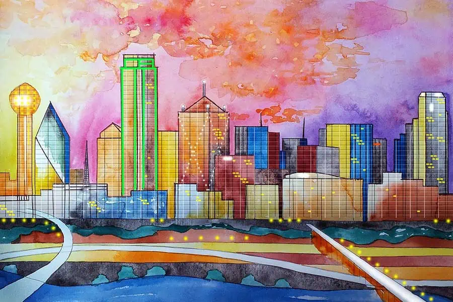 Watercolor artwork of the Dallas TX skyline