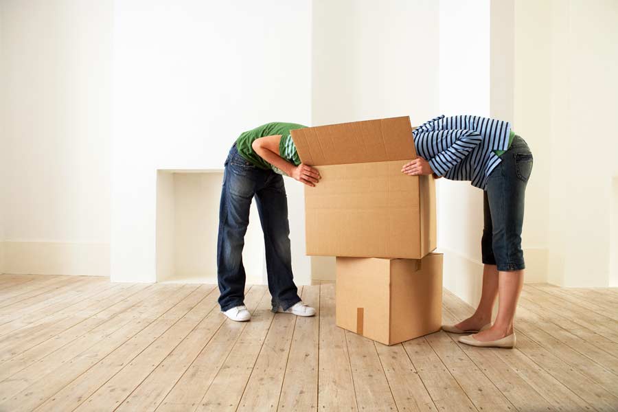 People looking into a moving box
