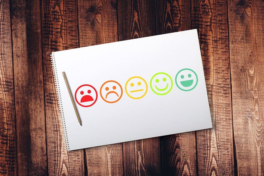 Range of smiling and frowning faces for reviews on a notebook