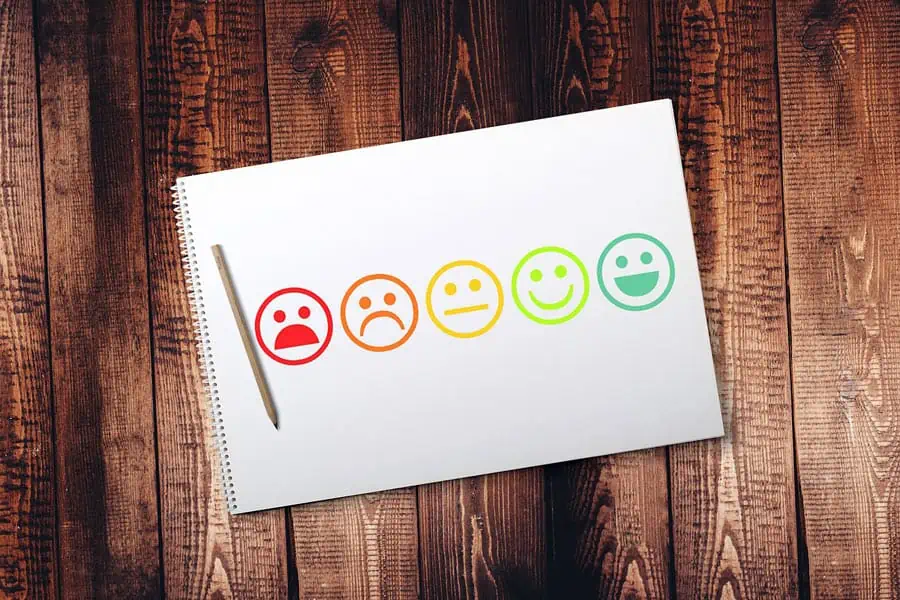 Range of smiling and frowning faces for reviews on a notebook