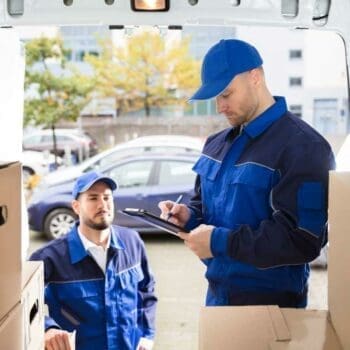 Professional movers taking inventory of items loaded into a moving truck